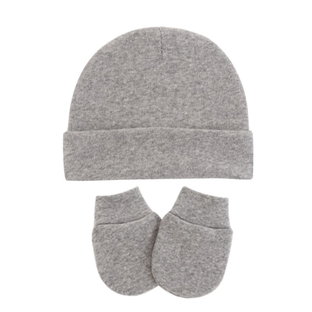 Unisex Newborn Solid Color Cotton Beanie and Anti-Scratching Mittens Set by Denos