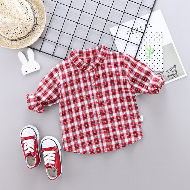 Long Sleeve Casual Cotton Plaid Shirts for Boys by Lapel