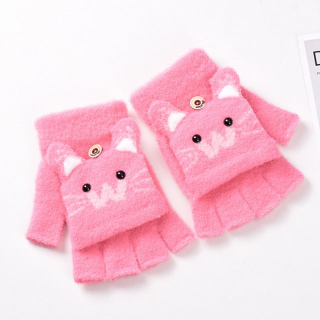 Cotton 3D Animal Print Mittens and Half-Finger Gloves Set for Girls by Harko