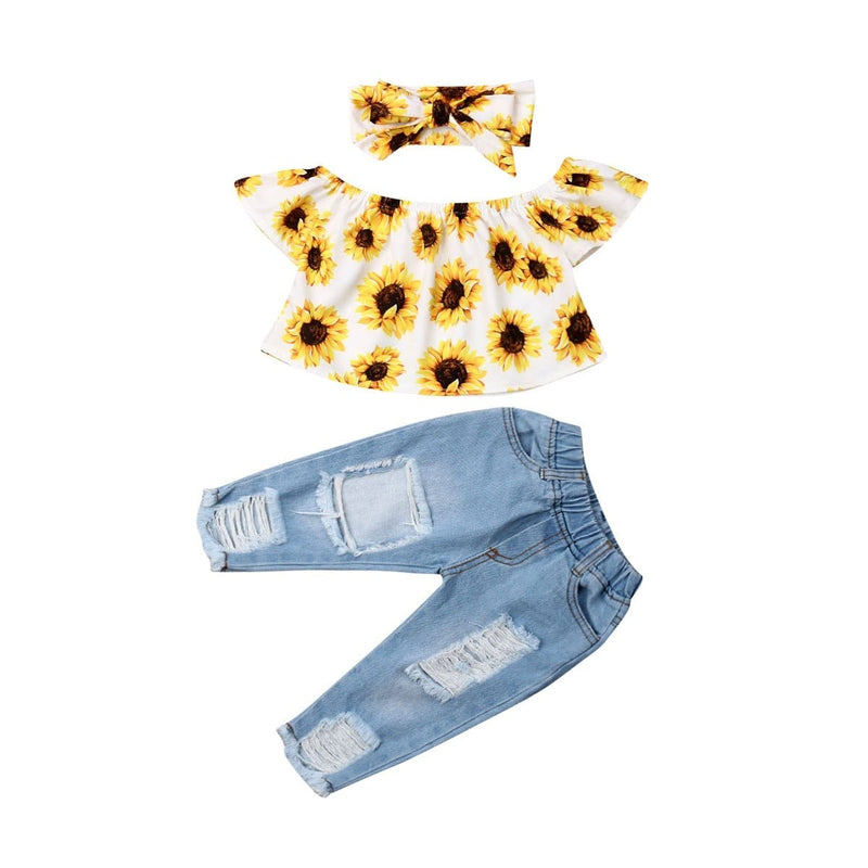 3-Piece Sunflower Shirt and Ripped Jeans Set for Girls by Emma