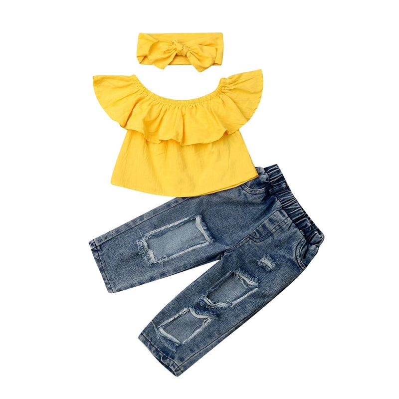 3-Piece Cotton Sleeveless Shirt and Jeans Set for Girls by Faithtur