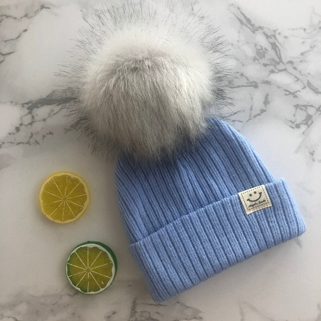 Cotton Knitted Beanie Hat with Faux Fur Pompom for Girls by Artis