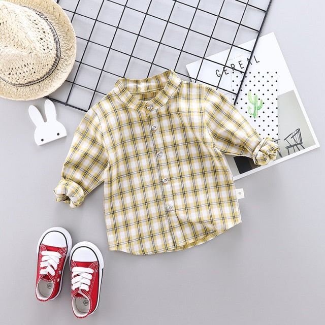 Long Sleeve Casual Cotton Plaid Shirts for Boys by Lapel
