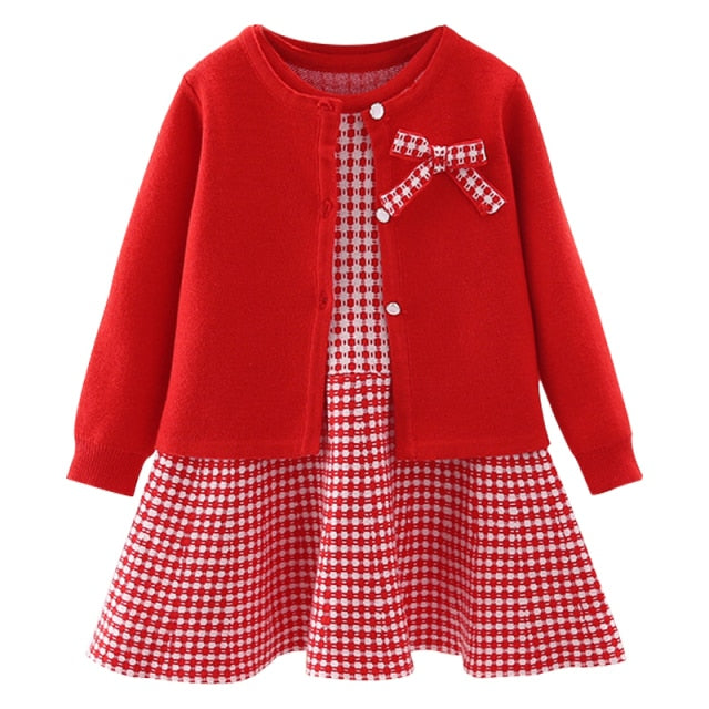 2-Piece Long Sleeve Cotton Plaid Dress and Sweater for Girls by KLF Clothing