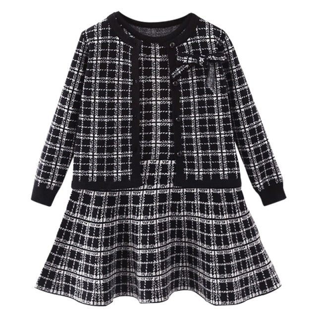 2-Piece Long Sleeve Cotton Plaid Dress and Sweater for Girls by KLF Clothing