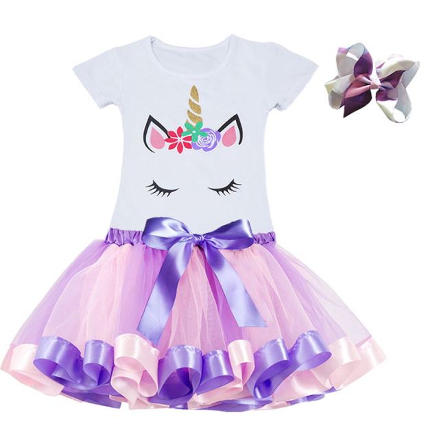 Short Sleeve Cotton Unicorn Dress and Hair Bow for Girls by JXD