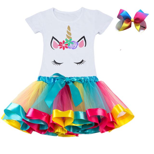 Short Sleeve Cotton Unicorn Dress and Hair Bow for Girls by JXD