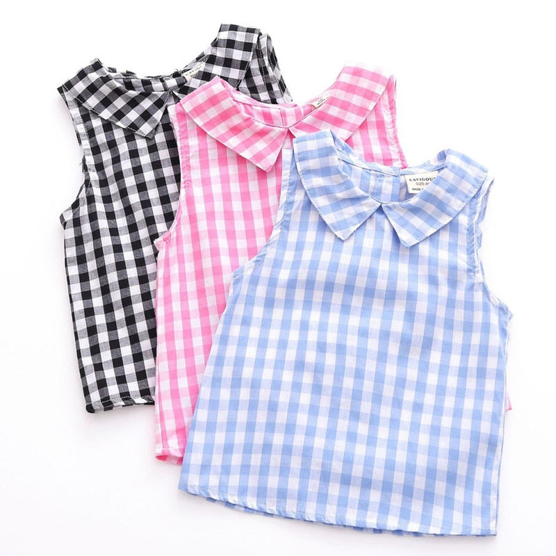 Sleeveless Cotton Casual Plaid Tank Tops for Girls by Lapel