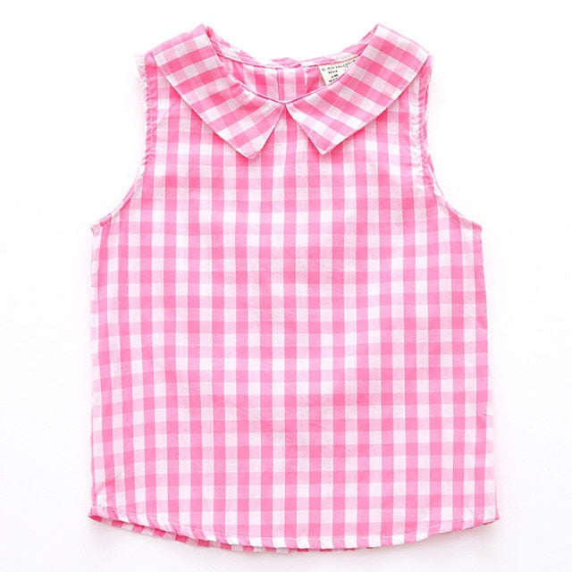 Sleeveless Cotton Casual Plaid Tank Tops for Girls by Lapel