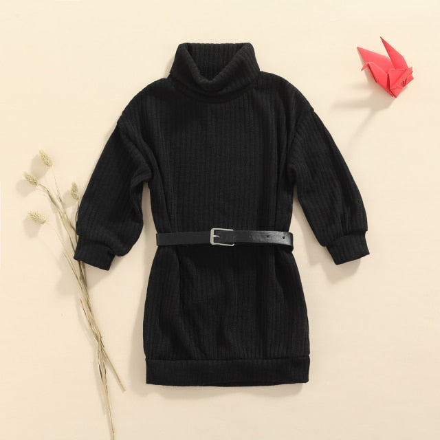 2-Piece Long Sleeve Turtleneck Dress and Belt Set for Girls by One Opening