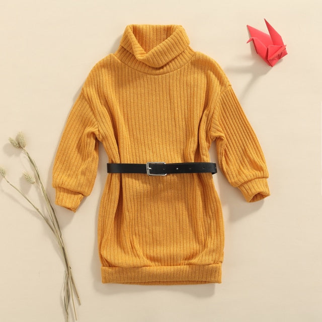 2-Piece Long Sleeve Turtleneck Dress and Belt Set for Girls by One Opening