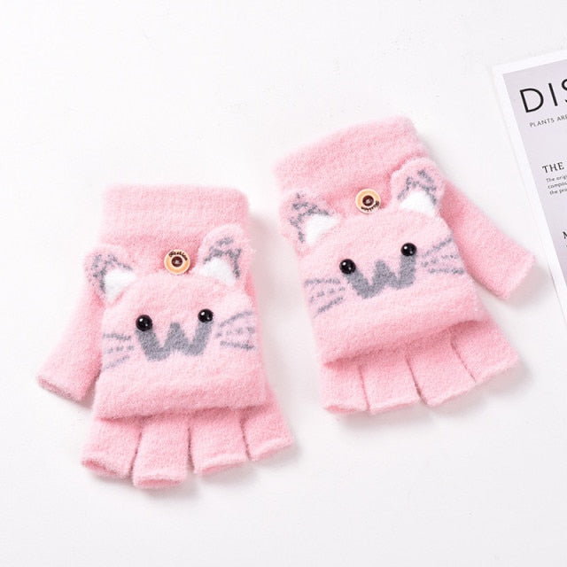 Cotton 3D Animal Print Mittens and Half-Finger Gloves Set for Girls by Harko