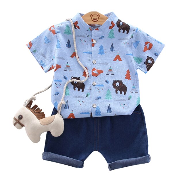 2-Piece Short Sleeve Cotton Shirt and Jean Shorts Set for Boys by Wisen