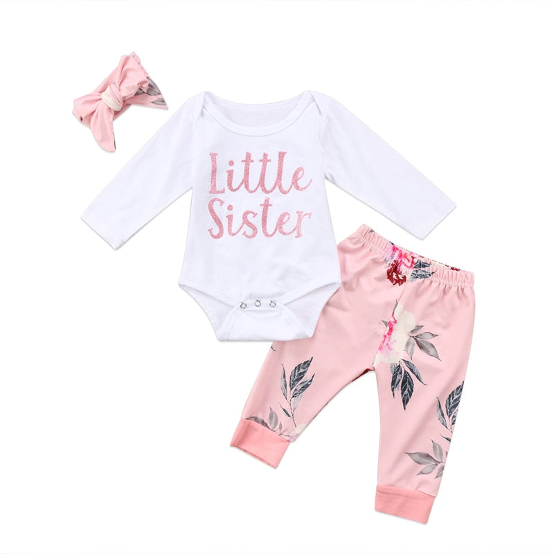 3-Piece Long Sleeve Cotton Onesie and Pants Set for Girls by Honey Zone