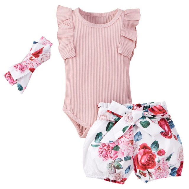 3-Piece Sleeveless Cotton Onesie and Shorts Set for Girls by OKP