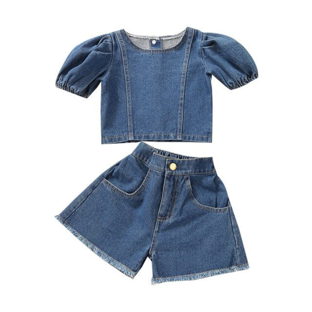 2-Piece Short Sleeve Jean Shirt and Shorts for Girls by Faithtur
